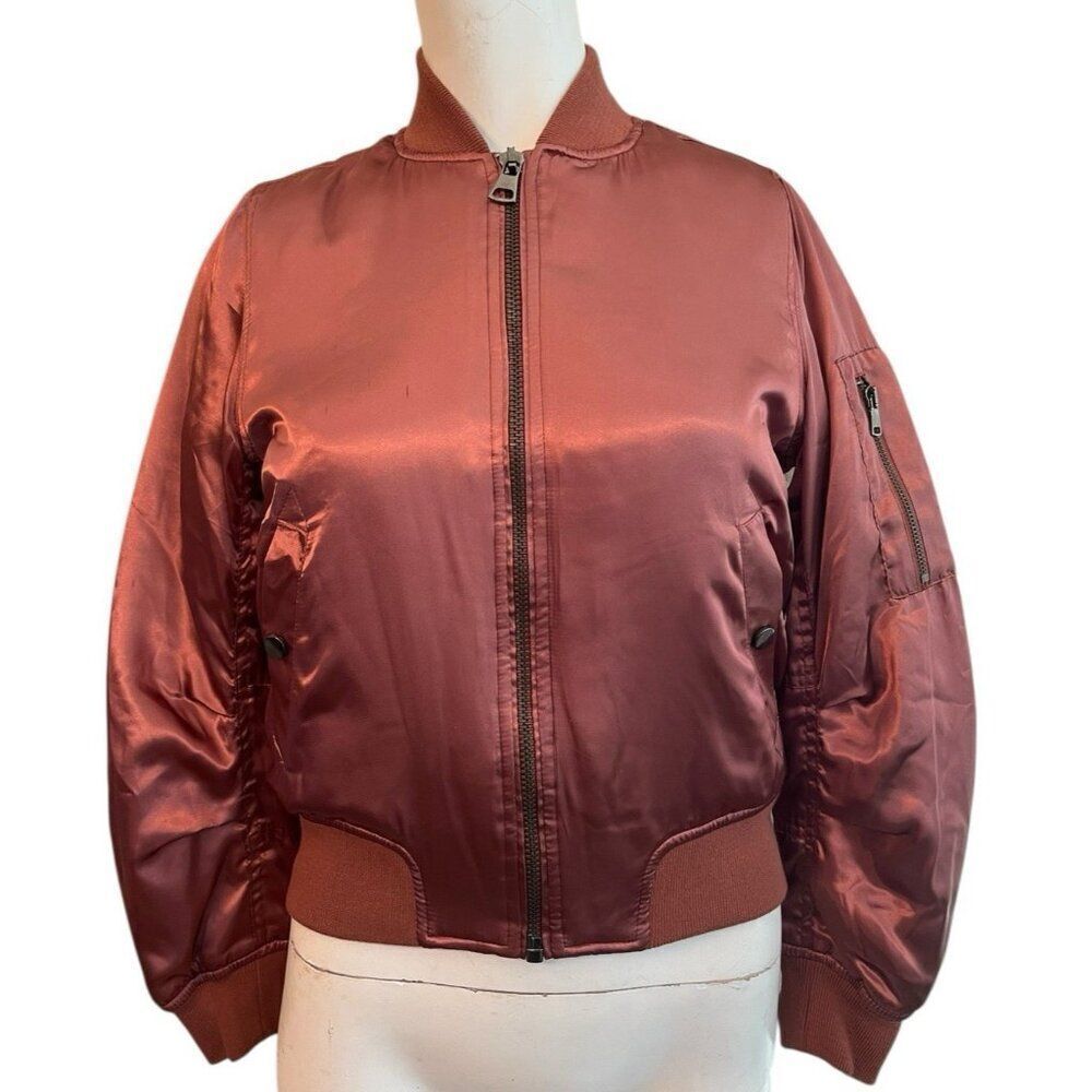Topshop Womens Size 2 Rose Gold Satin Full Zip Bomber Jacket Ruched Sleeves